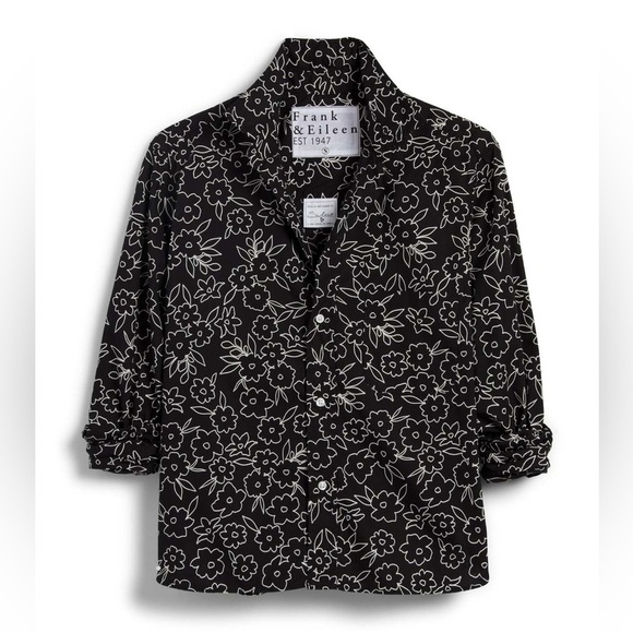 Frank & Eileen Silvio Untackable Button Up Shirt Black/White Floral Outline XS - Picture 2 of 11